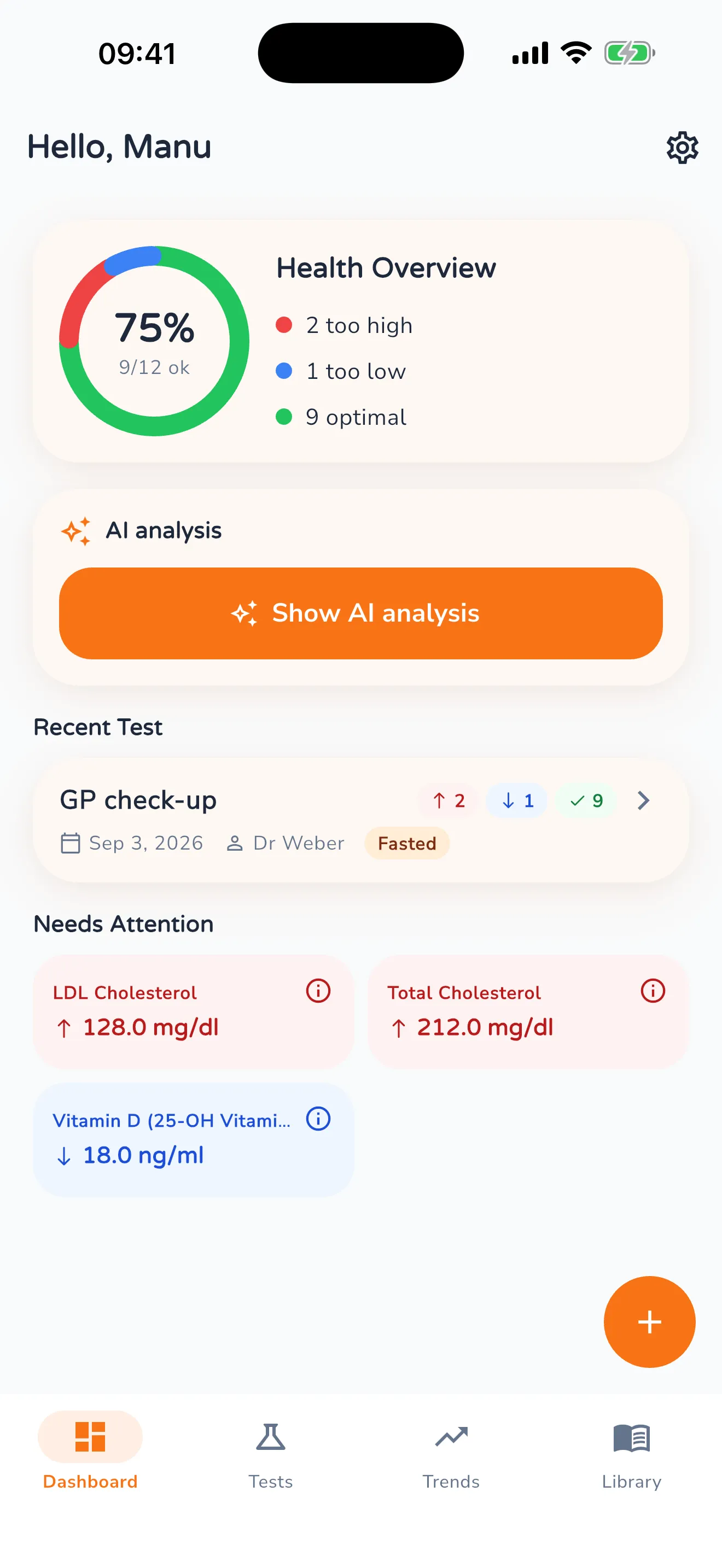 App dashboard showing a health summary at 75 per cent, the latest test and three unusual values: LDL and total cholesterol too high, vitamin D too low