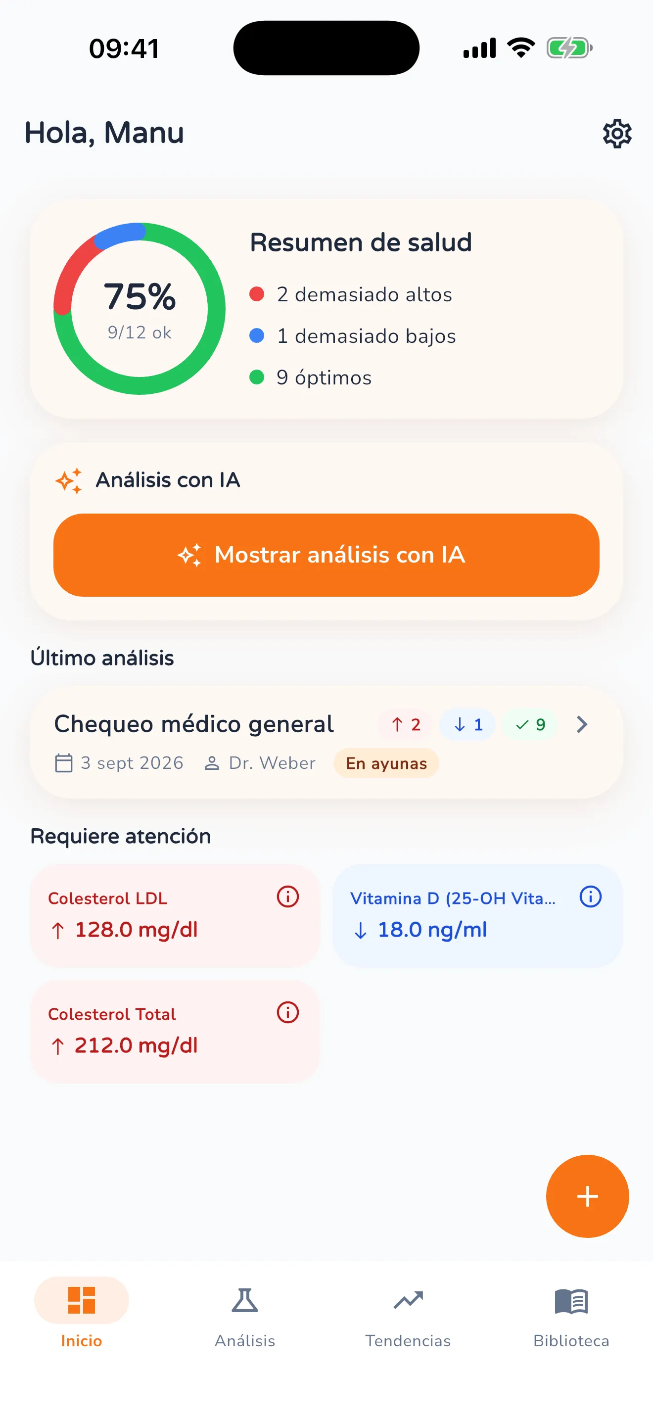 Panel de la app con un resumen de salud al 75 por ciento, el último análisis y tres valores llamativos: colesterol LDL y total demasiado altos, vitamina D demasiado baja
