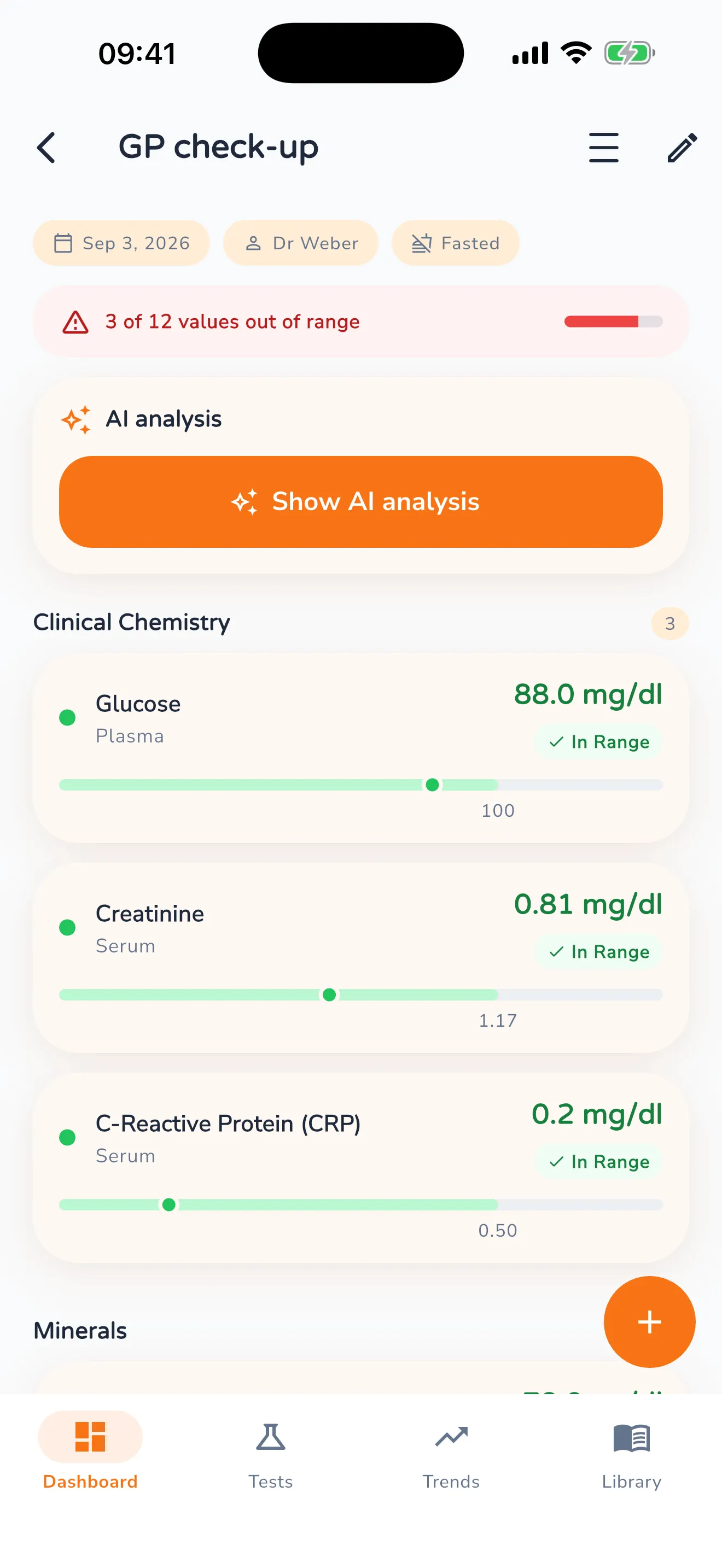 Detail view of a lab entry noting “3 of 12 values out of range”, with the clinical chemistry group open and each value on its own reference bar