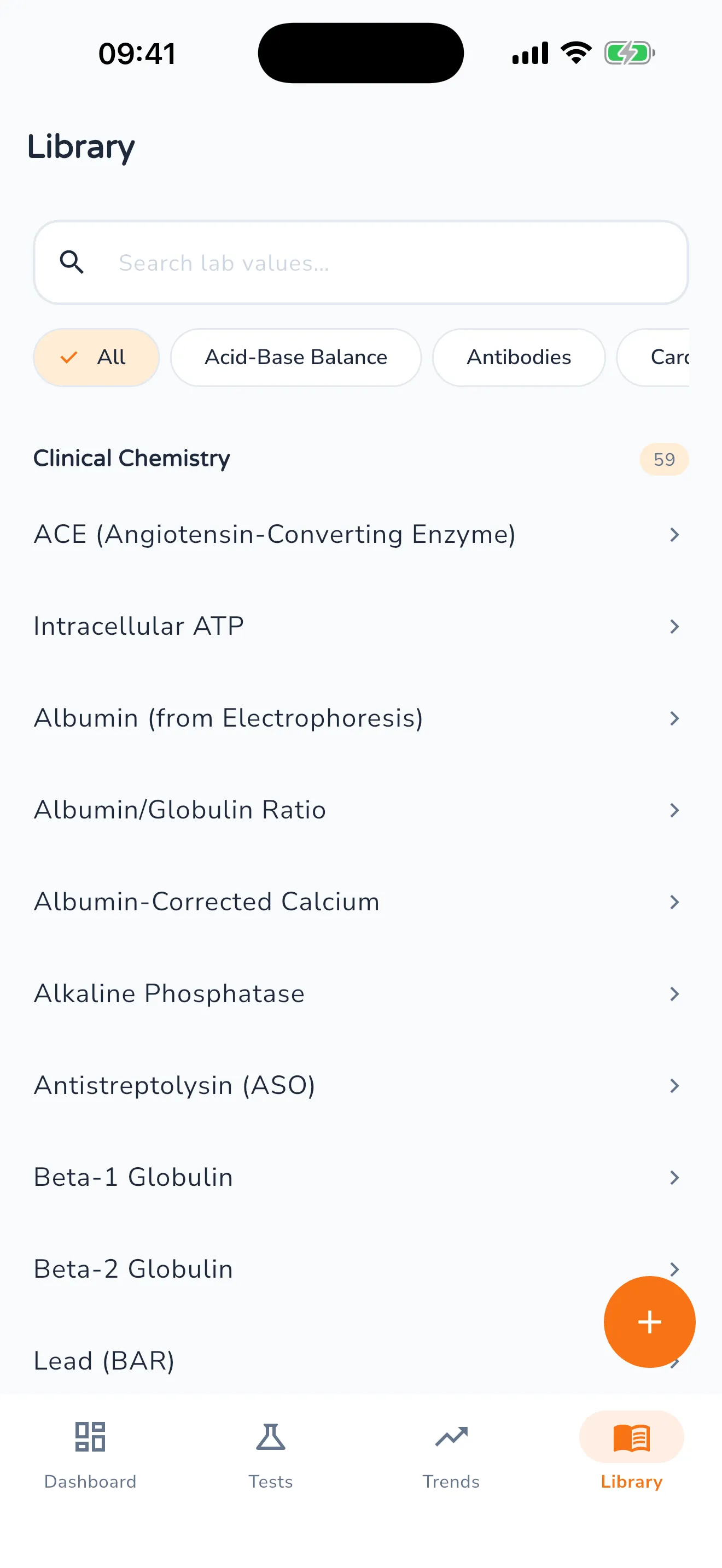 Library with a search field, category filters and the alphabetical list of lab values in the clinical chemistry group