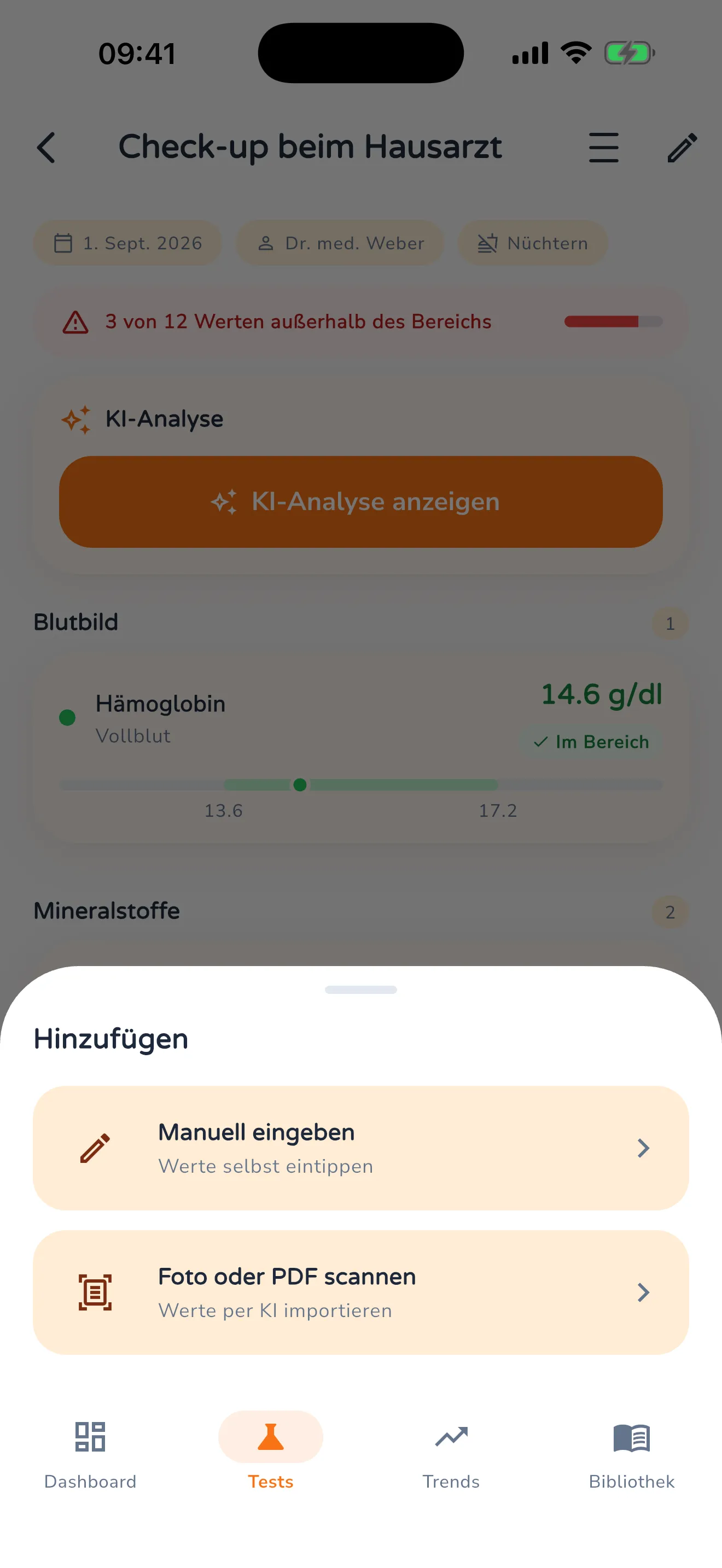 Hinzufügen-Dialog mit den beiden Optionen „Manuell eingeben" und „Foto oder PDF scannen"