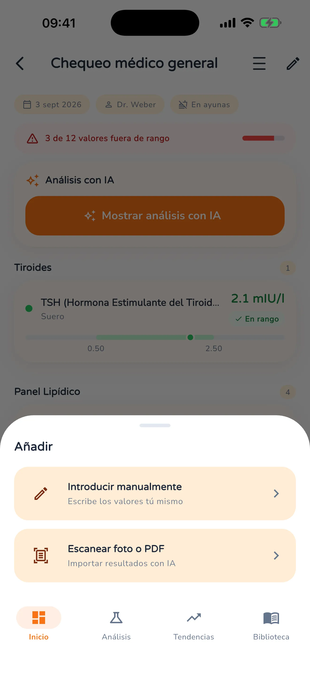 Diálogo de añadir con las dos opciones «Introducir manualmente» y «Escanear foto o PDF»